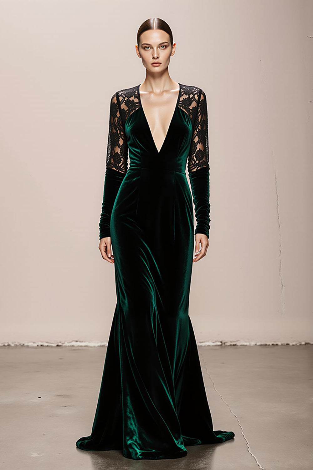 Zapaka Dark Green Velvet Long Formal Dress with Lace V-Neck Mermaid Long Sleeves Holiday Party Dress